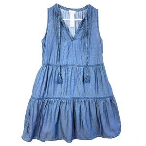 Tommy Bahama Split Neck Tassel Tiered Flowy Shift Dress Womens XS Blue Chambray